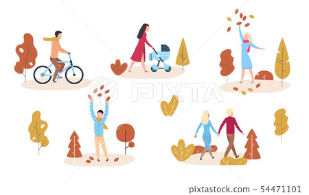 People in autumn park or forest. Modern casual man and woman playing with autumn leaves. Flat vector 54471101