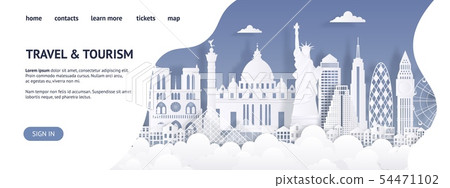 Travel and tourism landing page template. Paper cut landmarks web page. Travel the world website 54471102