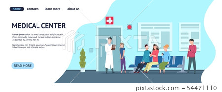Medical center web template. Hospital vector landing page concept. Doctor diagnosing patient in 54471110