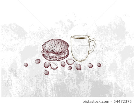 Hand Drawn of Hot Coffee with Hamburger Hand Drawn of Hot Coffee with Hamburger 54472375