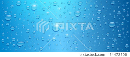 Realistic water drops on blue background. Three 54472506