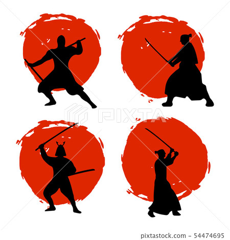 Set of Samurai Warriors Silhouette on red moon and Set of Samurai Warriors Silhouette on red moon and 54474695