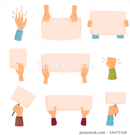 Set of posters in the hands. Vector illustration on white background. Set of posters in the hands. Vector illustration on white background. 54475336