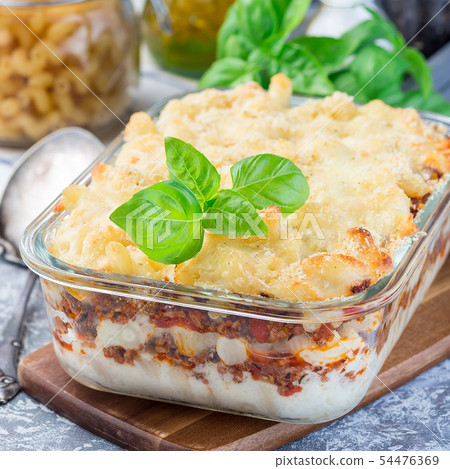 Macaroni casserole with ground beef, cheese Macaroni casserole with ground beef, cheese 54476369