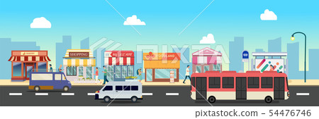 City street and store buildings with bus City street and store buildings with bus 54476746