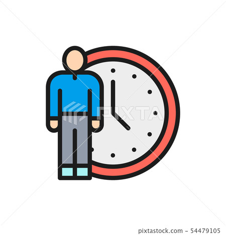 Vector human with clock, time management flat color line icon. Vector human with clock, time management flat color line icon. 54479105