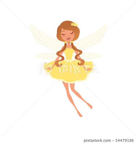 Smiling fairy with long brown hair in fancy yellow dress. Beautiful fairytale character with little Smiling fairy with long brown hair in fancy yellow dress. Beautiful fairytale character with little 54479186