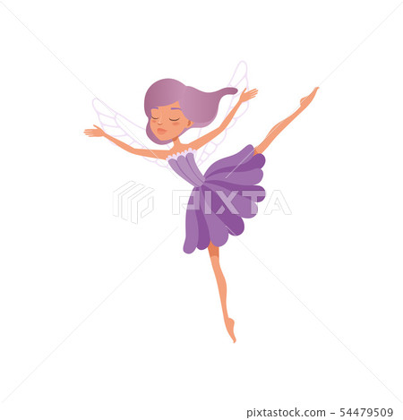 Cute fairy in beautiful purple dress. Little girl with magic wings in flying action. Imaginary 54479509