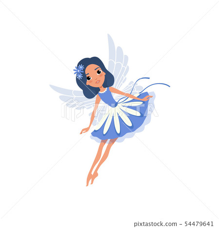 Little pixie in blue fancy dress. Cartoon fairy with magic wings and floral accessories in hair 54479641
