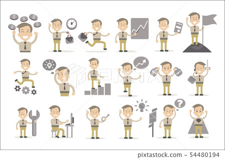 Businessman or office clerk in different situations. Graphs, money, wrench, suitcase, gears, flag Businessman or office clerk in different situations. Graphs, money, wrench, suitcase, gears, flag 54480194