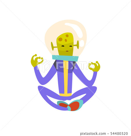 Funny Green Alien Meditating in Lotus Position, Funny Humanoid Cartoon Character in Blue Space Suit Funny Green Alien Meditating in Lotus Position, Funny Humanoid Cartoon Character in Blue Space Suit 54480320