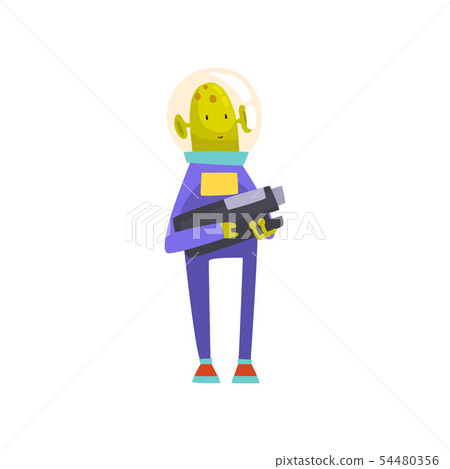 Funny Green Alien with Blaster, Funny Humanoid Cartoon Character in Blue Space Suit and Helmet Funny Green Alien with Blaster, Funny Humanoid Cartoon Character in Blue Space Suit and Helmet 54480356