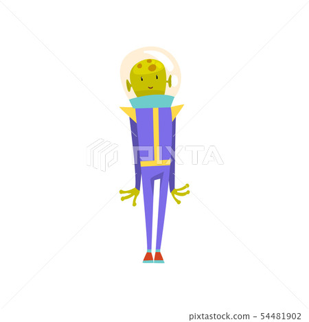 Cute Friendly Green Alien, Funny Humanoid Cartoon Character in Blue Space Suit and Helmet Vector 54481902