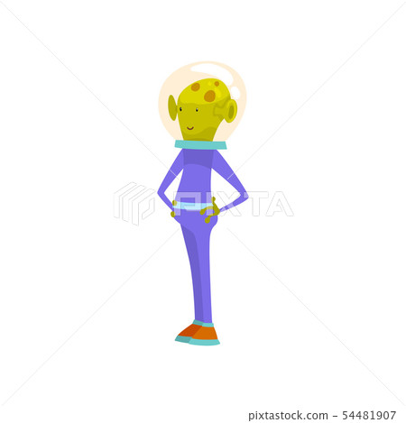 Friendly Green Alien, Funny Humanoid Cartoon Character in Blue Space Suit and Helmet Vector 54481907