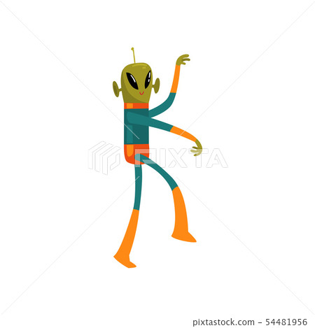 Funny Green Alien, Humanoid Cartoon Character with Big Eyes Oval Shape and Small Antenna Wearing Funny Green Alien, Humanoid Cartoon Character with Big Eyes Oval Shape and Small Antenna Wearing 54481956