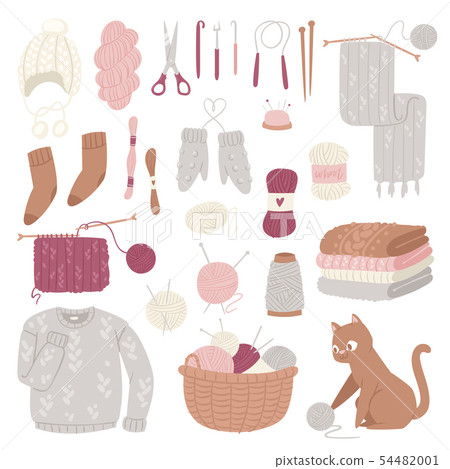 Knitting needles wool knitwear or knitted woolen sweater and kitten with woolly ball handknitting 54482001