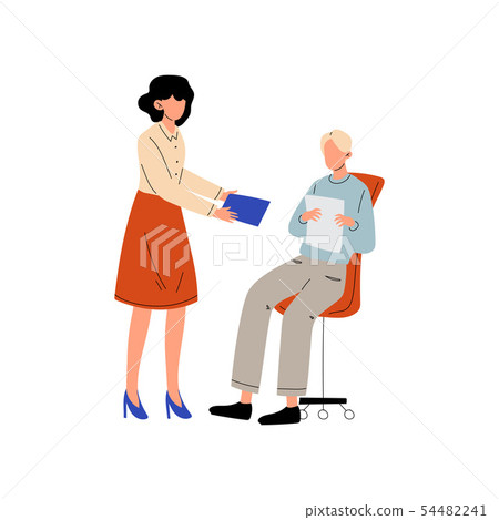 Girl Giving Paper Documents to Man who Sitting on Chair, Colleagues Working Together in Office 54482241