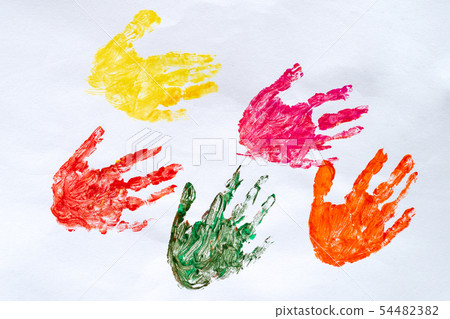 Watercolor colorful hand print on white background Watercolor colorful hand print on white background 54482382