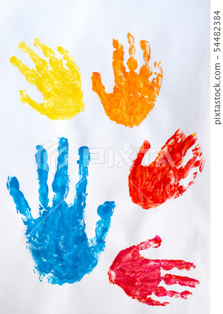 Watercolor colorful hand print on white background Watercolor colorful hand print on white background 54482384