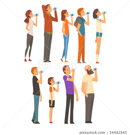 People Drinking Water from Plastic Bottles Set, Men, Women and Children Enjoying Drinking of Fresh 54482845