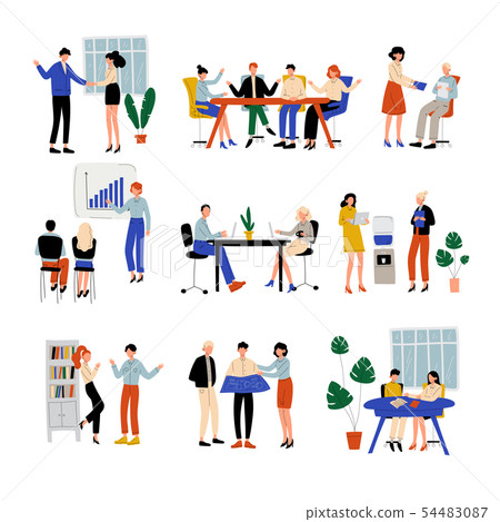 Business People Working in Office Set, Colleagues Working Together, Giving Presentation, Discussing Business People Working in Office Set, Colleagues Working Together, Giving Presentation, Discussing 54483087