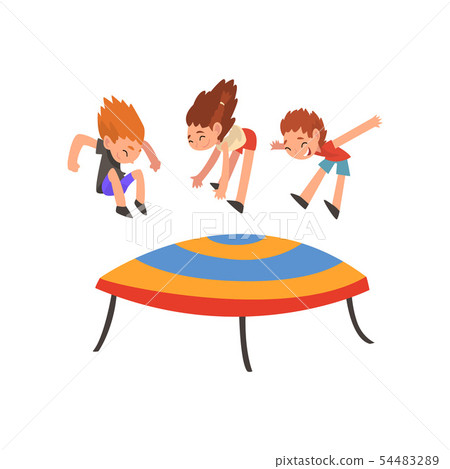Cute Happy Boys and Girl Jumping on Trampoline,... - Stock Illustration ...