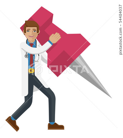 Doctor Man Holding Thumb Tack Pin Mascot Concept Doctor Man Holding Thumb Tack Pin Mascot Concept 54484037