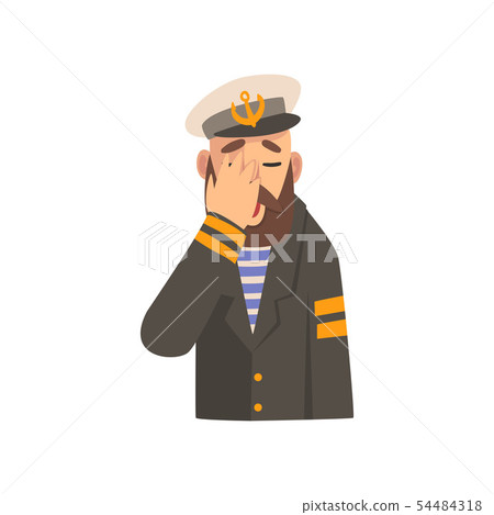 Bearded Man Covering His Face with Hand, Captaing Character in Blue Uniform Making Facepalm Gesture Bearded Man Covering His Face with Hand, Captaing Character in Blue Uniform Making Facepalm Gesture 54484318