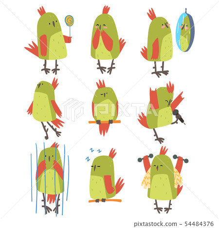 Funny Bird Cartoon Character in Different Situations Set, Cute Birdie with Bright Green Feathers Funny Bird Cartoon Character in Different Situations Set, Cute Birdie with Bright Green Feathers 54484376