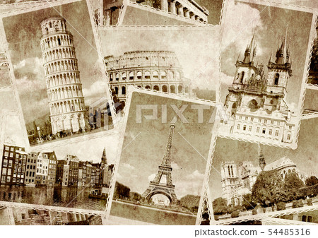 Vintage travel background with retro photos of 54485316