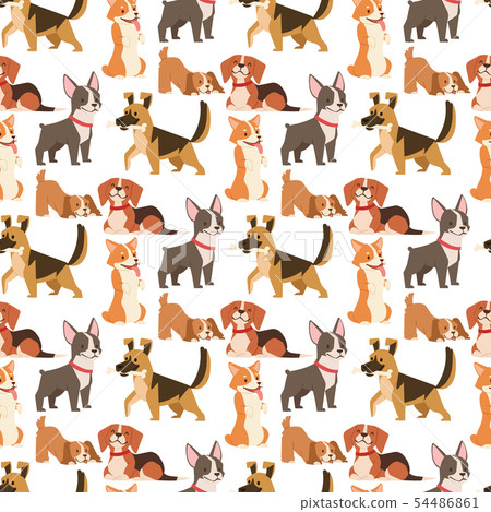 Puppy cute playing dogs characters funny purebred comic happy mammal doggy breed seamless pattern 54486861