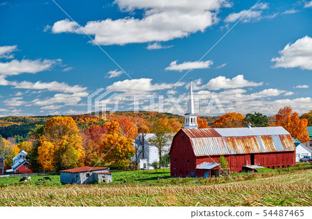Church and farm with red barn at autumn Church and farm with red barn at autumn 54487465