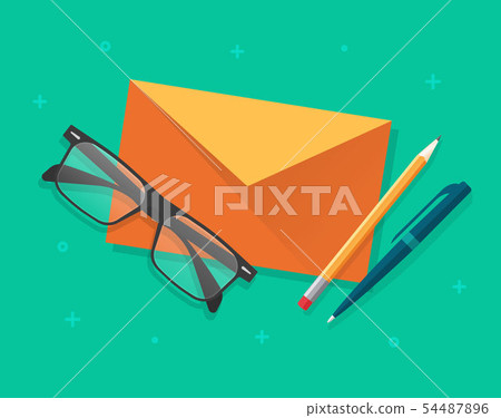 Envelope with glasses and pen or pencil on desk table top view vector illustration image Envelope with glasses and pen or pencil on desk table top view vector illustration image 54487896