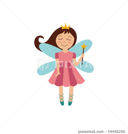 Cute fairy princess with magic wand and gold crown flying and smiling 54488200