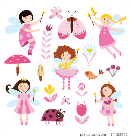 Set of fairies girls, flowers and beetles flat vector illustration isolated, Set of fairies girls, flowers and beetles flat vector illustration isolated, 54488251