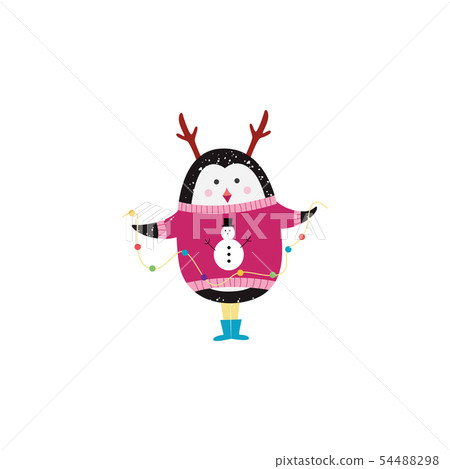 Christmas winter penguin in funny sweater flat vector illustration isolated. 54488298