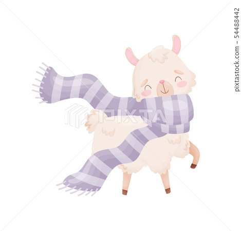Cute cartoon llama in a long scarf. Vector illustration on white background. 54488442