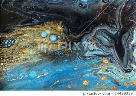 Blue and gold marbling pattern. Golden powder marble liquid texture. Blue and gold marbling pattern. Golden powder marble liquid texture. 54489339