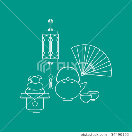 Chinese lantern, kettle, cups, fan, kagami mochi Chinese lantern, kettle, cups, fan, kagami mochi 54490193