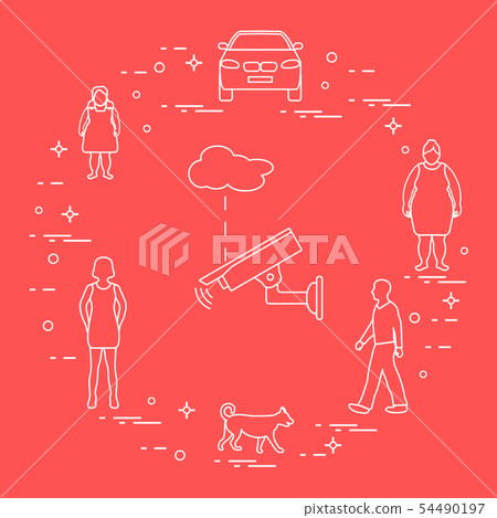 Security camera, dog, women, girl, man, car Security camera, dog, women, girl, man, car 54490197