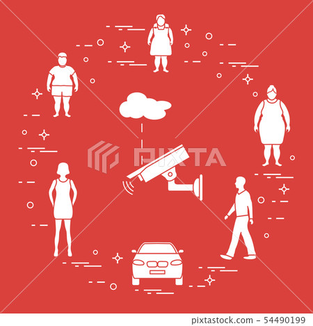 Security camera, children, woman, girl, man, car Security camera, children, woman, girl, man, car 54490199