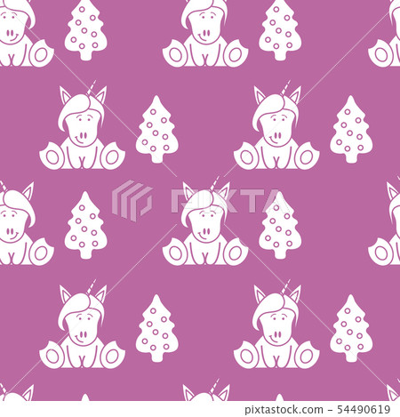 Seamless pattern with unicorns and Christmas tree 54490619