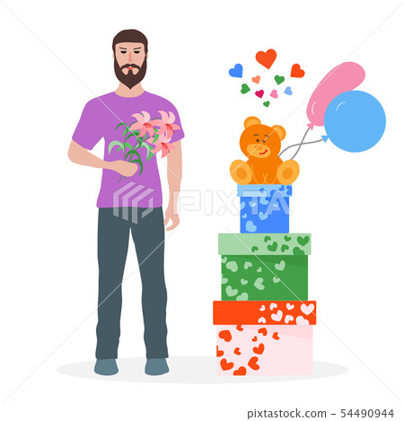 Man with flowers and gifts Holiday greeting card. Man with flowers and gifts Holiday greeting card. 54490944