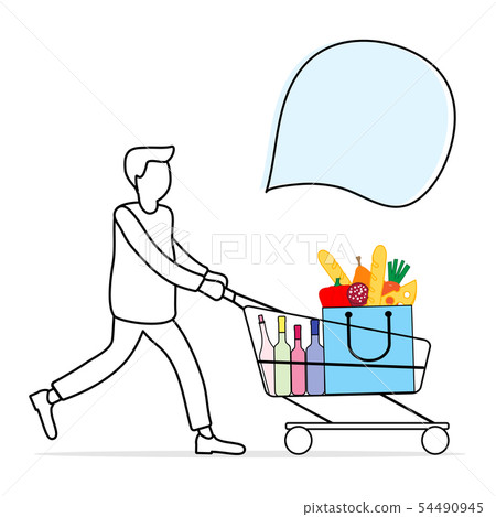 Man carries shopping cart with food and drinks Man carries shopping cart with food and drinks 54490945