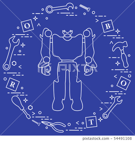 Robot, cubes, screwdriver, wrench, screw, hammer Robot, cubes, screwdriver, wrench, screw, hammer 54491108
