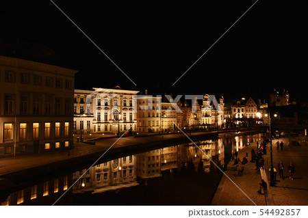 Belgian waterside night view 54492857