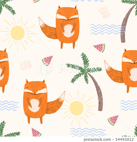 Cute summer pattern with foxes, waves and melons Cute summer pattern with foxes, waves and melons 54493812