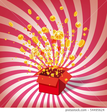 Box With Coins Exploision, Blast. Open Red Gift Box and Confetti. Win, casino, lottery, quiz. Spiral 54495624