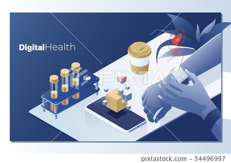 Female hand with smartwatch and health application icons nearby.Flat vector isometric illustration Female hand with smartwatch and health application icons nearby.Flat vector isometric illustration 54496997