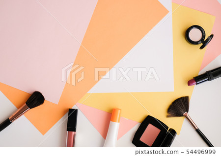 Makeup cosmetic products color background flat lay 54496999